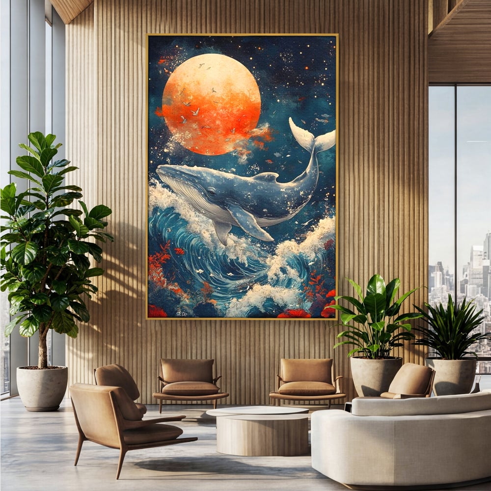Tablou canvas cu tablou canvas cu balena si luna, in rama de aluminiu auriu, pe perete intr-un birou